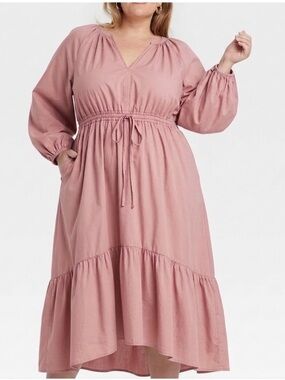 Dusty Rose Drawstring Waist Midi Dress